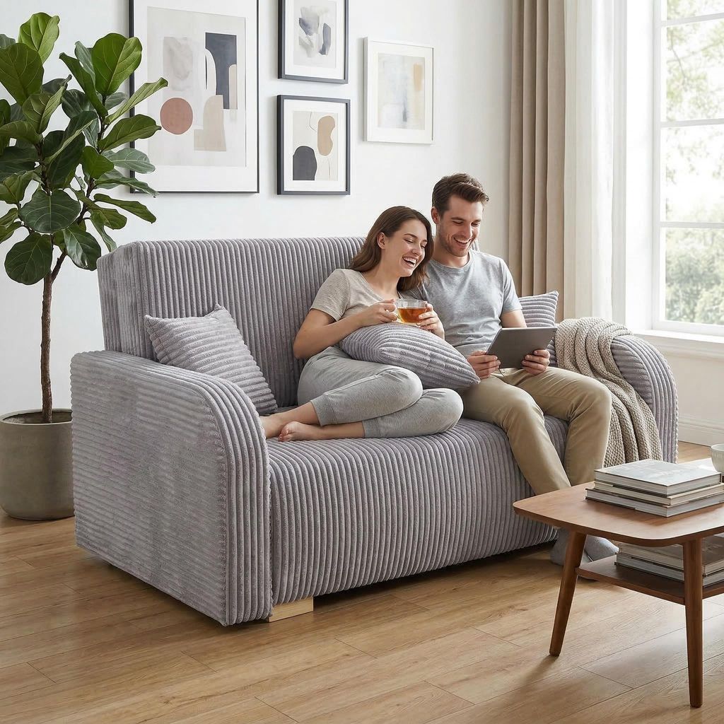 Wohnero24 Lirena 2 Schlafsofa 136x95 cm mit Bettfunktion 113x195 cm – 2-Sitzer Cord Sofa ausziehbar mit Bettkasten, kleines Schlafsofa für Wohnz...