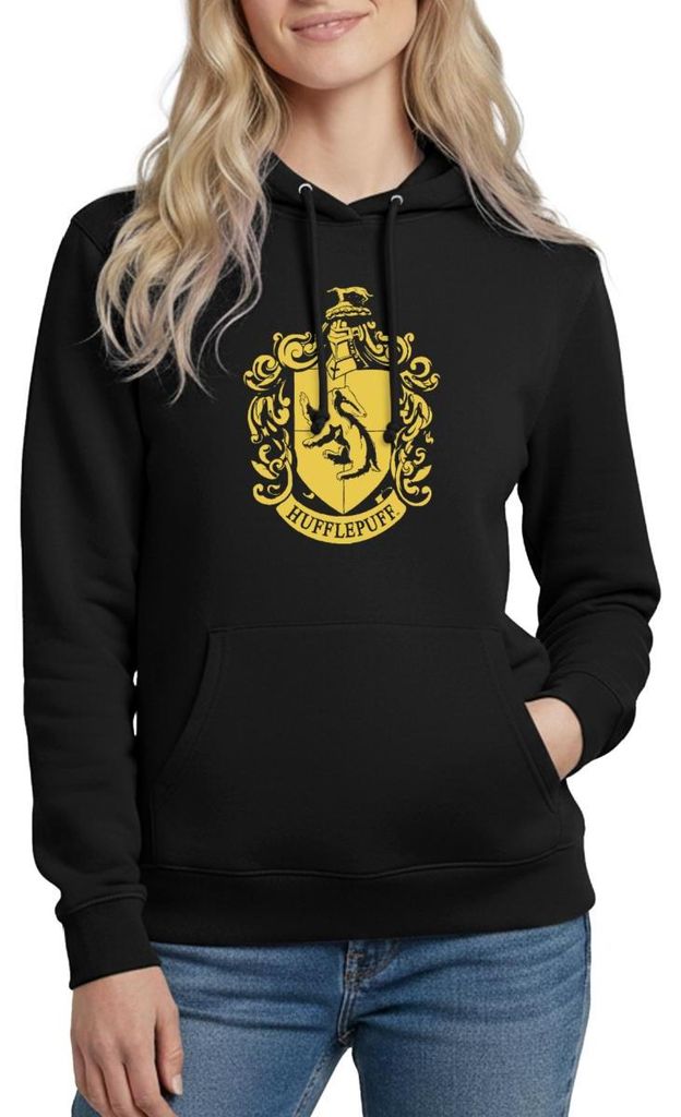 Spreadshirt Harry Potter Hufflepuff Wappen Damen Hoodie, XXL, Schwarz