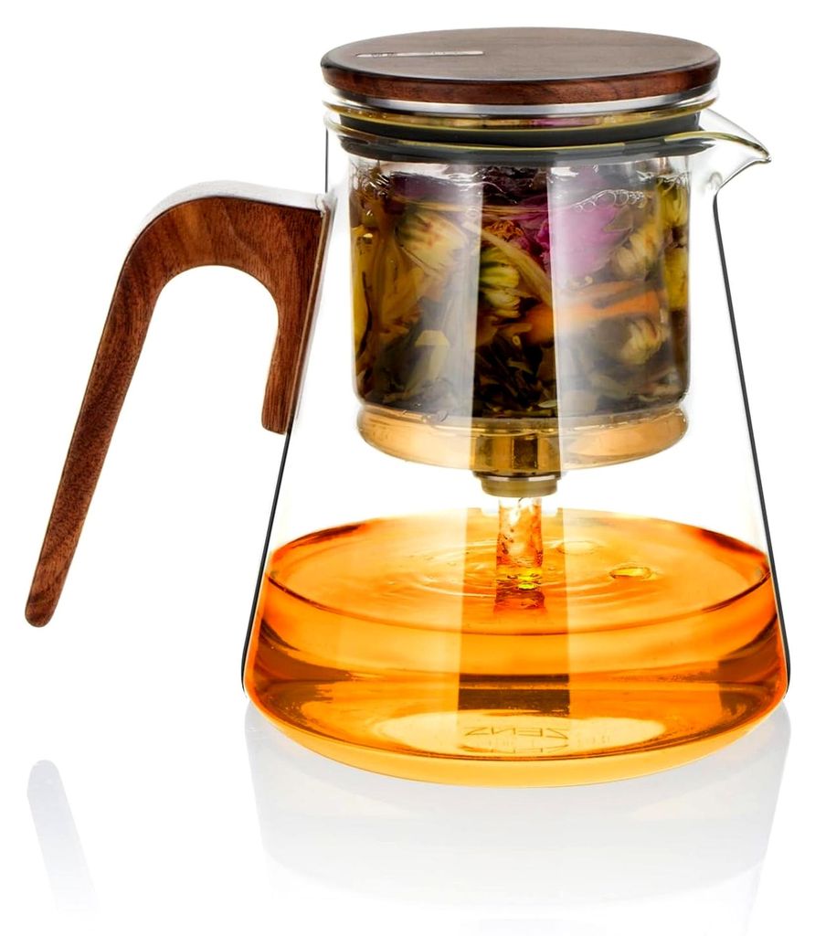 Glas Teekanne mit Sieb und Magnetdeckel, Teezubereiter für losen Tee, Teekanne mit Walnussholzgriff, Geschenkideen für Teeliebhaber