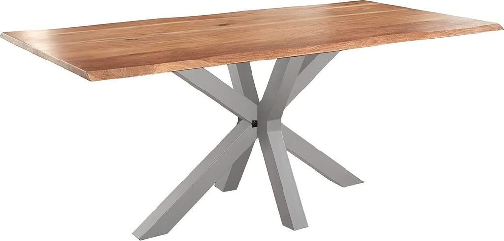 Baumkantentisch 220 x 100 cm Spyro, Akazienholz naturfarben & massiv, Esszimmertisch mit silbernem Spider-Metallgestell, Platte 26 mm