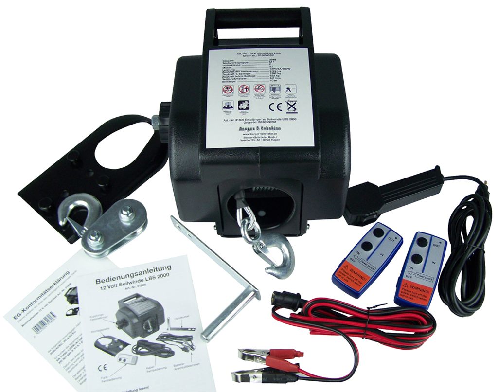 Berger & Schröter | Funk Seilwinde 12 Volt, Zugkraft 1361/2722 kg mit Umlenkrolle, 2 Fernbedienungen