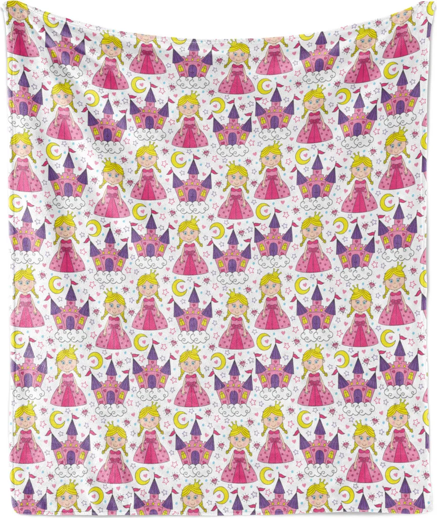 ABAKUHAUS Fantasy World Morbida coperta in flanella e pile, principessa e castello, comodo peluche per interni ed esterni, 125 x 175 cm, multicolore