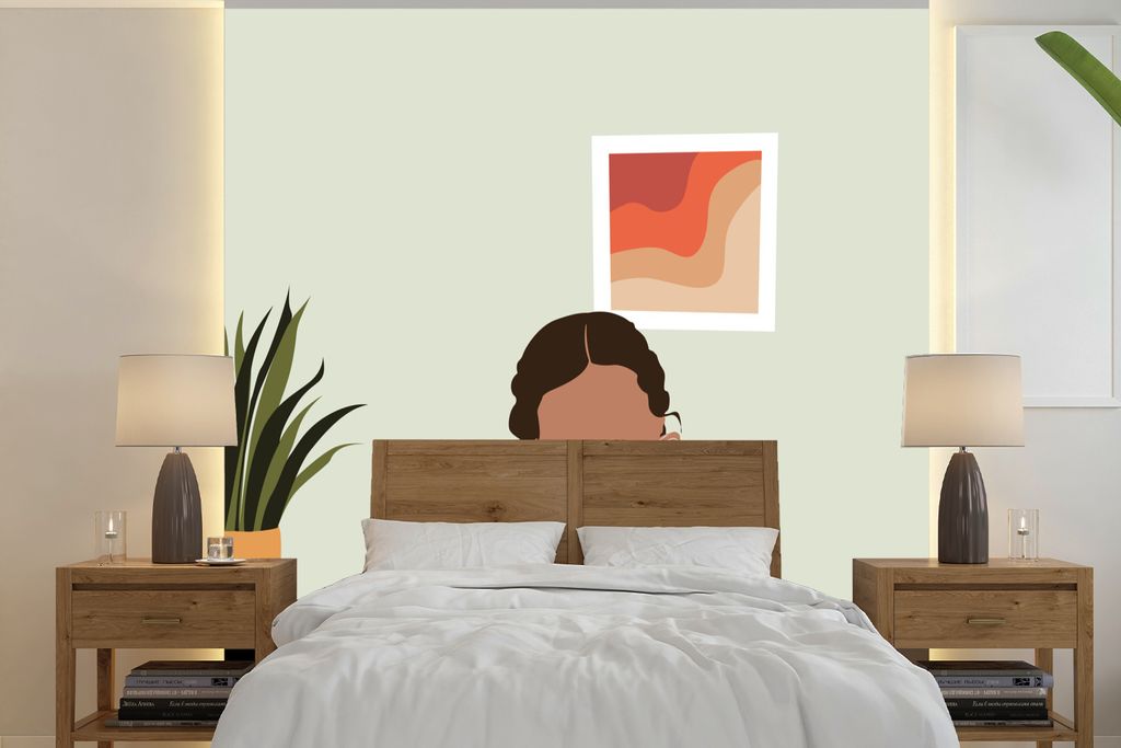 MuchoWow Fototapete für Wohnzimmer oder Schlafzimmer Wandtapete Vinyl Motivtapete Frau - Interieur - Kleidung - 280x280 cm - Hintergrundbild