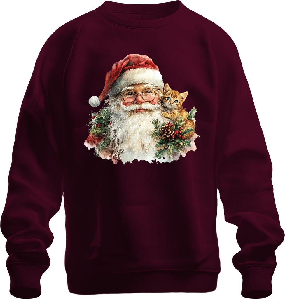 Weihnachtsmann Kätzchen Stechpalme Tannenzweig Zapfen Weihnachten Uni Sweatshirt Pullover, Burgundy, XXL