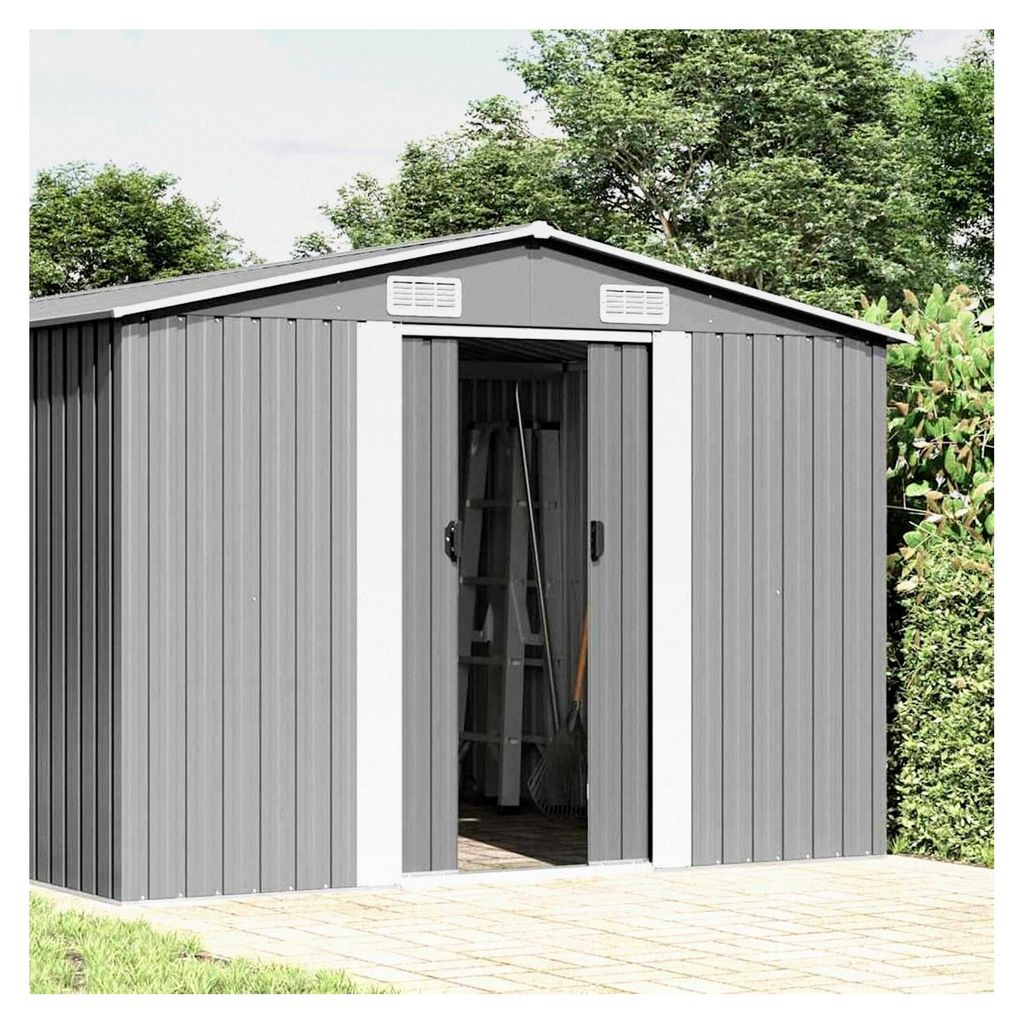Gerätehaus 257x489x181 cm Metall Grau, Wasserfest Gartenhaus Geräteschuppen für Fahrradgarage Werkzeug Poolzubehör