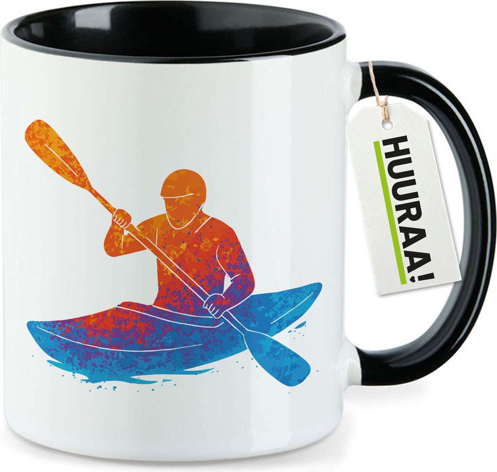 Huuraa Kaffeetasse Canoeing Kajakfahren bunte Silhouette 330ml Schwarz Keramik Kaffeebecher Geschenkidee
