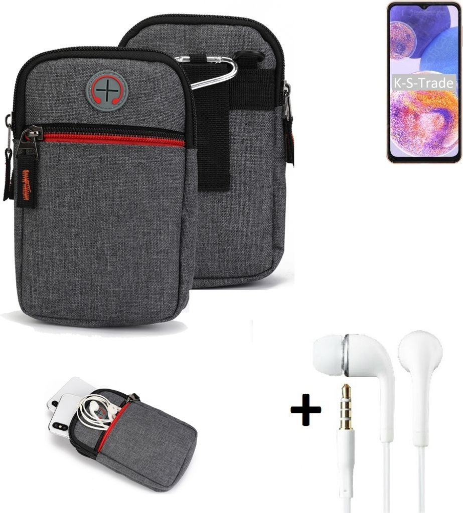 K-S-Trade Gürteltaasche + Kopfhörer kompatibel mit Samsung Galaxy A23 Handy Tasche Holster Schutz Hülle Handy Hülle grau Zusatzfächer 1x