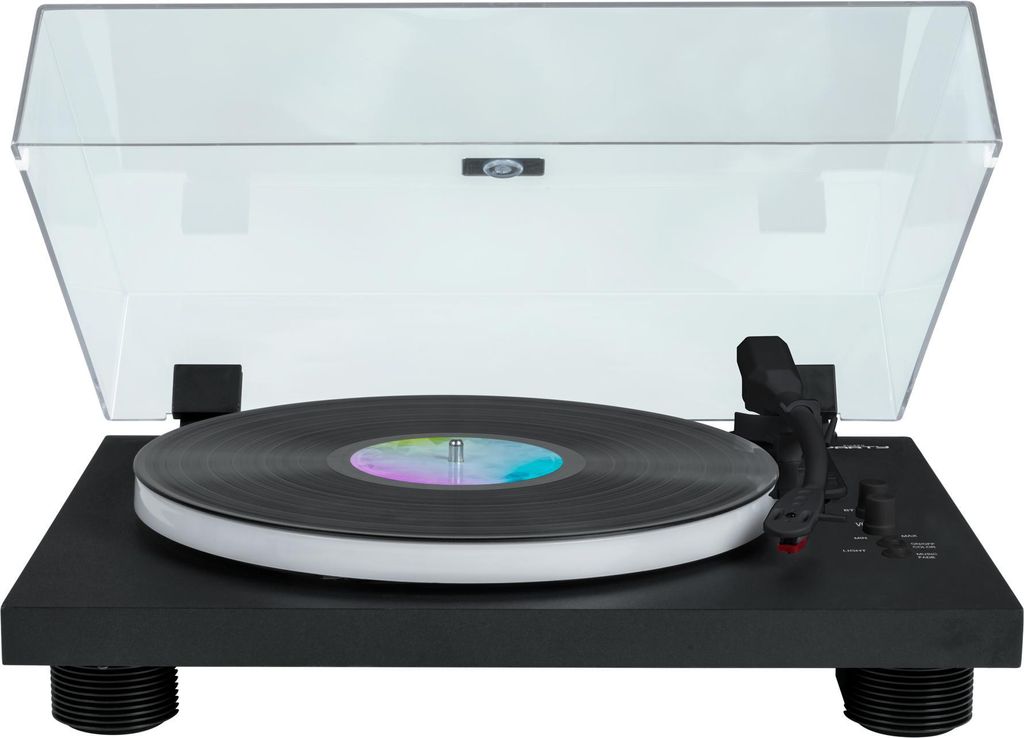 A black turntable with a clear dust cover, placed on a white background.