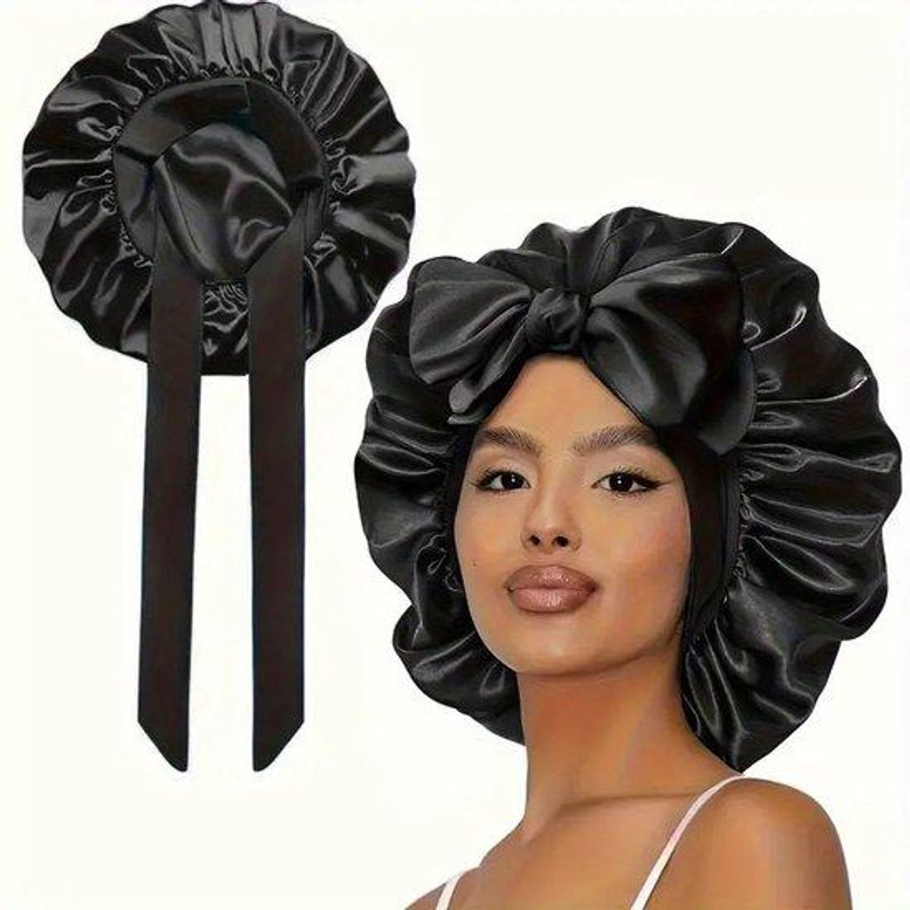 Elastische Satijn-Schönheitsmütze mit Streifen und breiter Kante für Damen in Schwarz