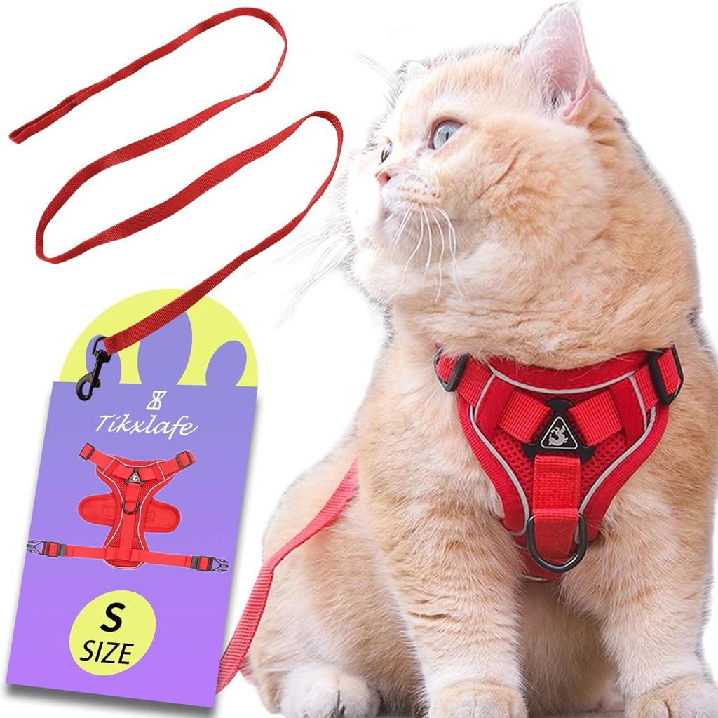 150 cm verstellbares Katzengeschirr mit Leine und Geschirr - Polyester Katzenleine-Set für Kätzchen - rot S
