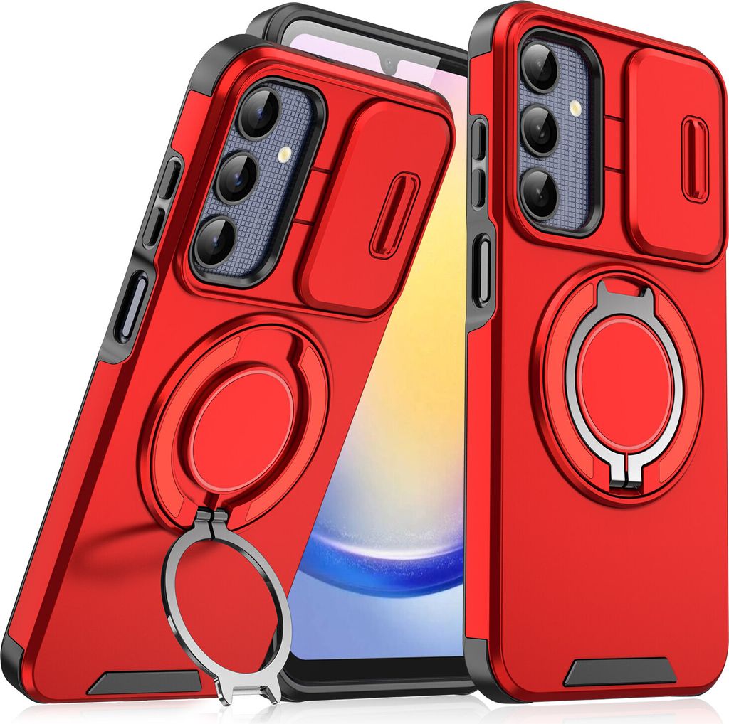 Handyhülle für Samsung Galaxy A25 Dual-Layer Stoßfest Militär Hülle mit Dia Kameraschutz und Magnetisch Ring Ständer Rot