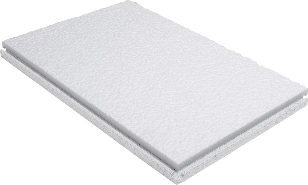 A white, textured insulation panel is shown from a diagonal angle against a white background.