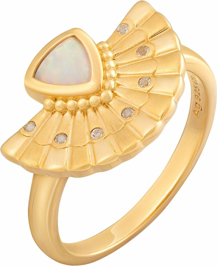 cai Ring 925 Silber vergoldet Boho Fächer mit synth. Opal & Weißtopas 925/- Sterling Silber gelb 056 (17,8) Opal 274270333V
