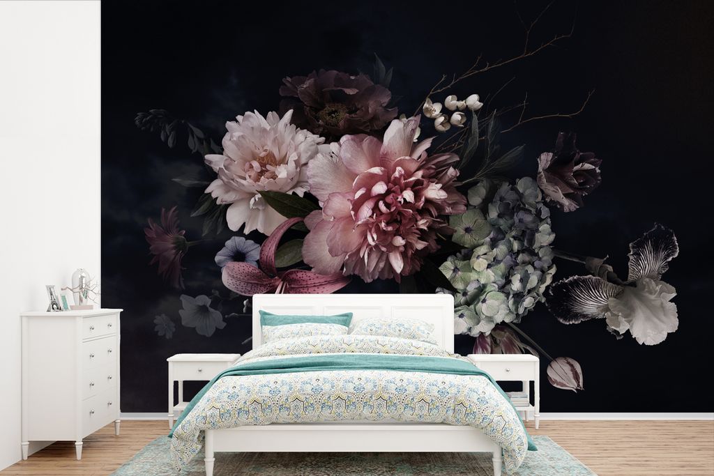 MuchoWow Fototapete für Wohnzimmer oder Schlafzimmer Wandtapete Vinyl Motivtapete Blumen - Vintage - Pastell - Schwarz - Blumenstrauß - 390x260...