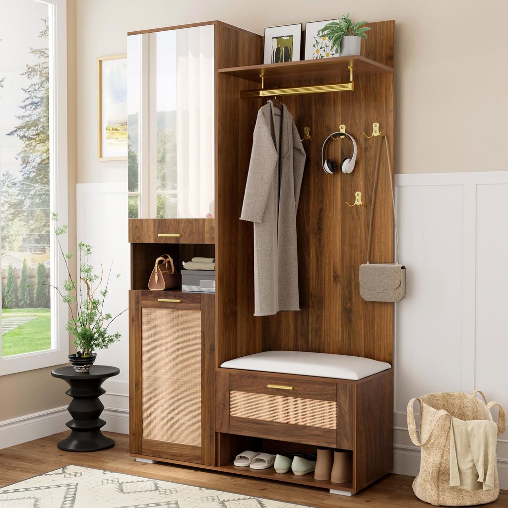 A hallway or entryway with a wooden furniture set including a bench, storage, and coat rack.