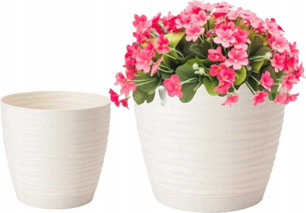 Cremefarbener Blumentopf aus Kunststoff mit Untertasse Produktbild 