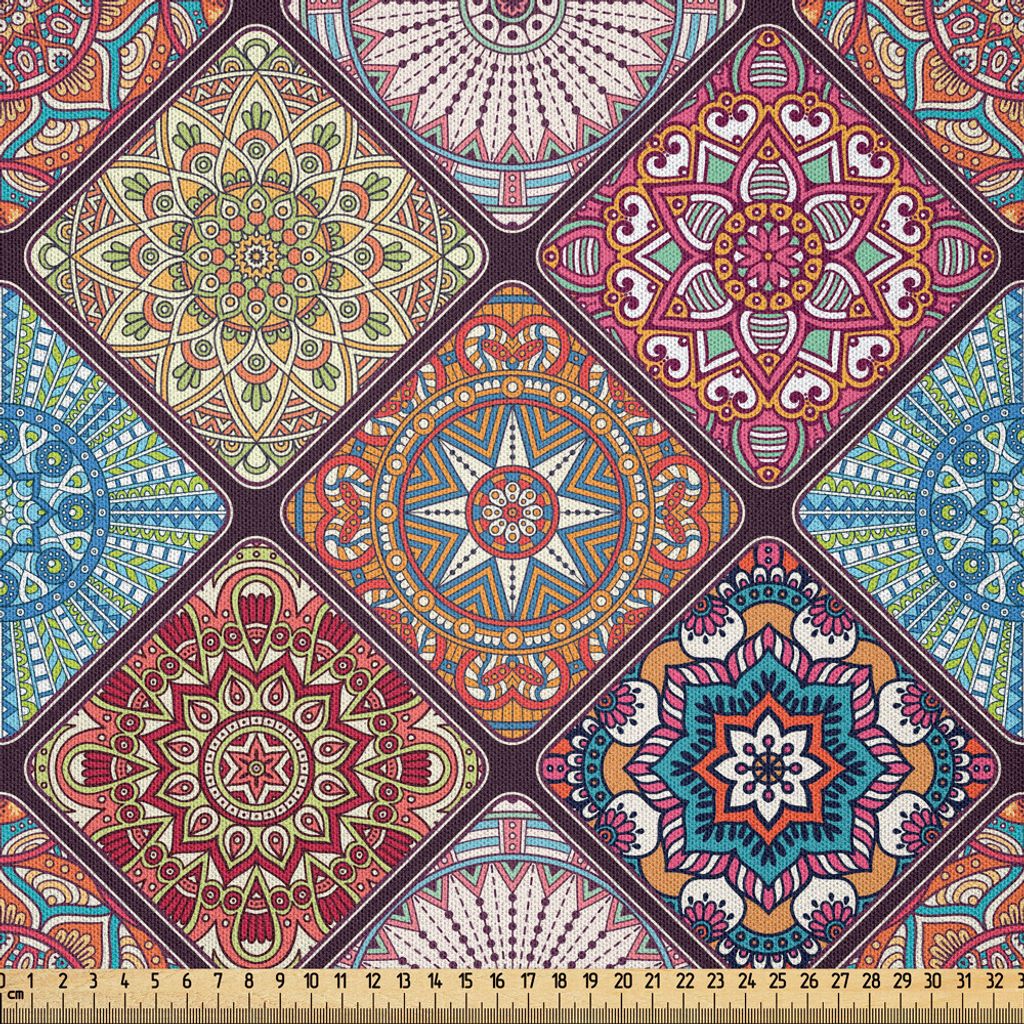 ABAKUHAUS Mandala Microfaser Stoff als Meterware , Buntes Mosaik-Fliesen-Muster mit abstrakten ethnischen ethnischen Elementen Türkische Kultur, 5...
