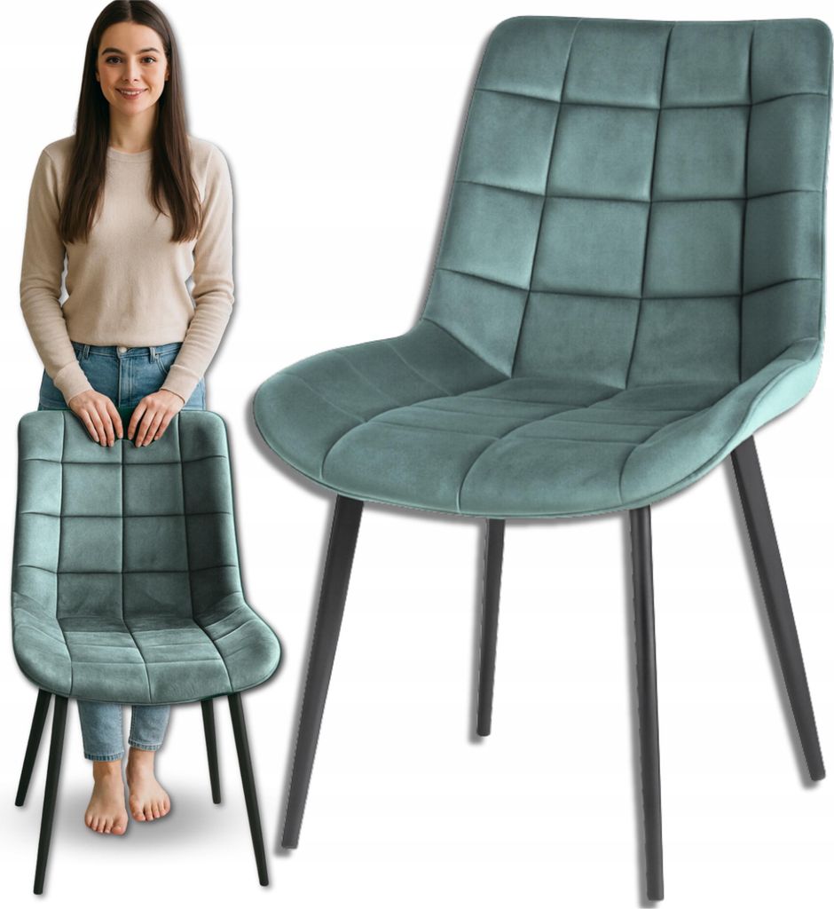 A woman stands next to a chair, with a close-up of the chair to the right.