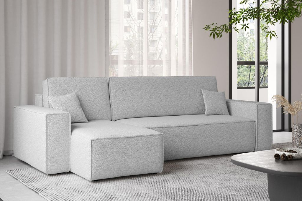 Kaiser Möbel Ecksofa mit schlaffunktion und bettkasten, Ecksofa L-Form, Eckcouch L-Form BEST stoff Abriamo Links Hellgrau