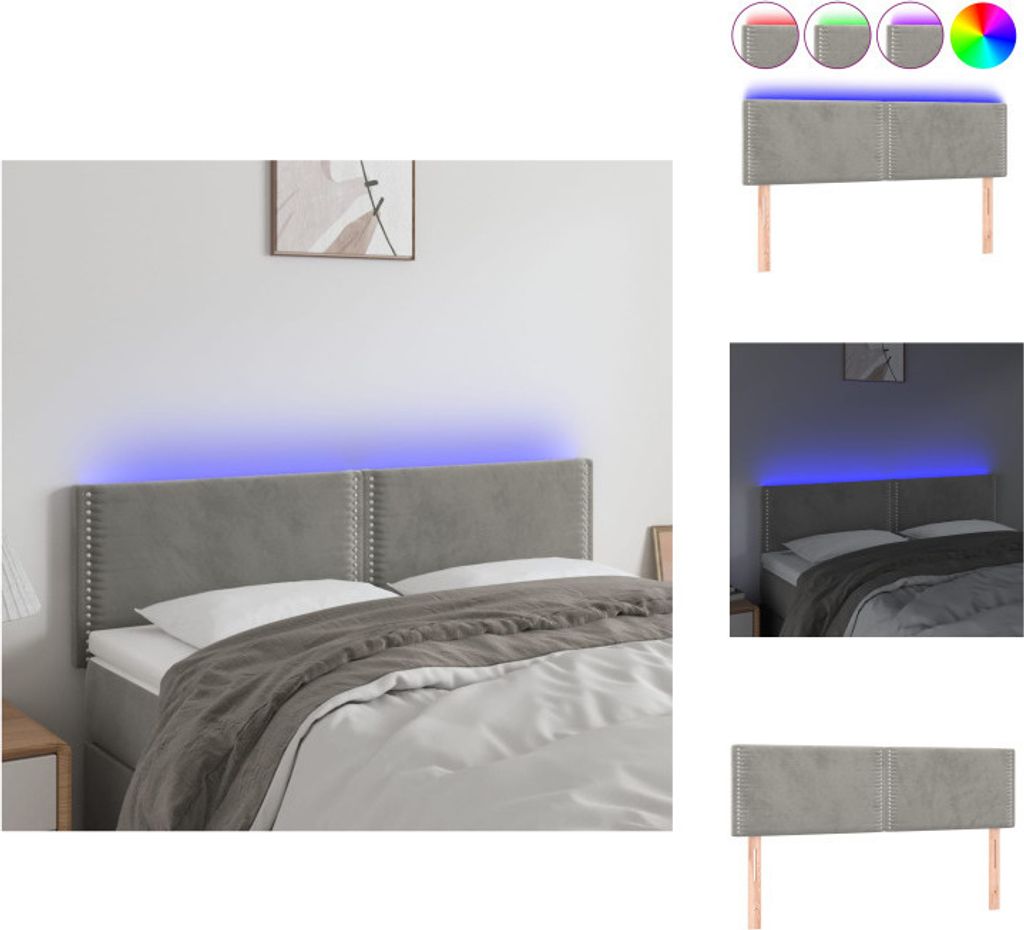 vidaXL LED Kopfteil Hellgrau 144x5x78/88 cm Samt - Kopf- & Fußenden