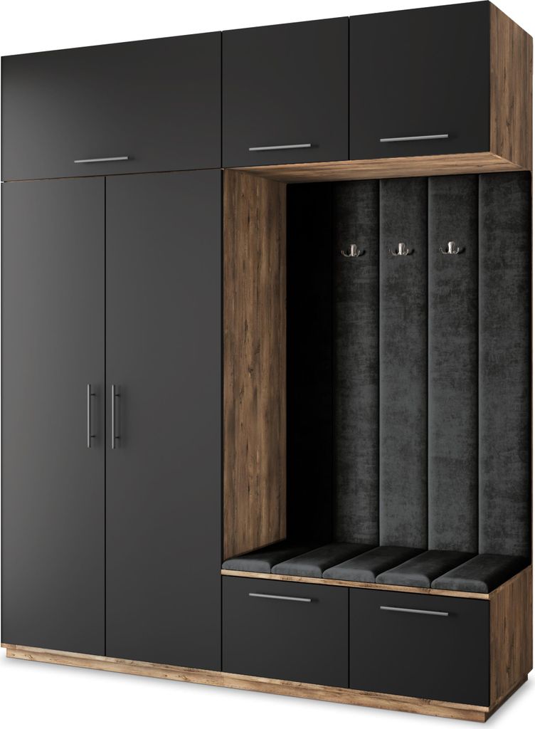 Masseno Garderobe-Set REMA 200/240/60 cm Modern Garderobenschrank Eiche Lefkas, Veloursstoff MONOLITH 95 (Schwarz)