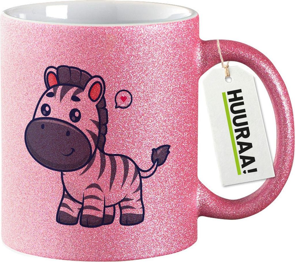 Huuraa Glitzertasse Zebra Comic 330ml Pink Keramik Kaffeebecher Geschenkidee