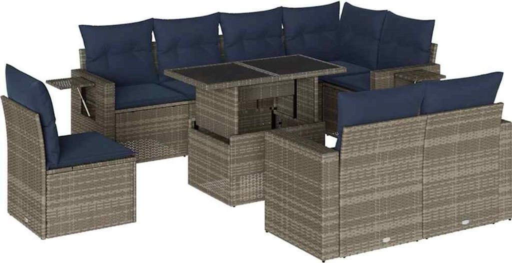 9-teiliges Gartensofa-Set mit Kissen, grau, Polyrattan