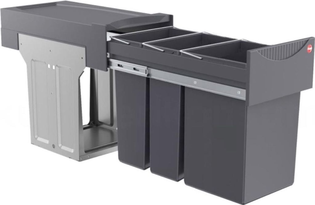 A pull-out kitchen bin system with multiple compartments, shown against a white background.