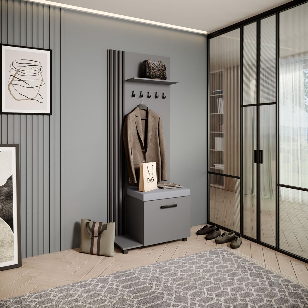 Garderobenschrank LIVIA - Hochschrank mit Aufhängern, Schuhschrank, Graphit, Lamellen in Schwarz, Sitzkissen in Grau, Links