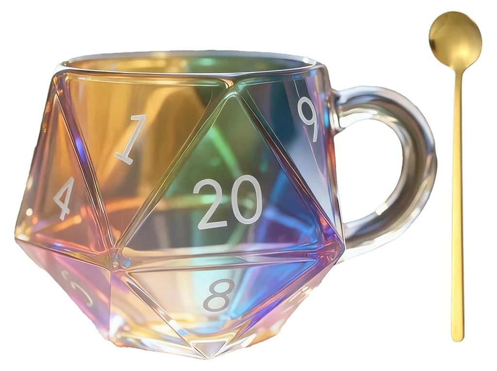 Regenbogenfarbener D20-Würfelbecher mit Henkel, farbenfrohe, polyedrische Glaskaffeetasse für Gamer, einzigartiges Geschenk für Tabletop-Rollens...