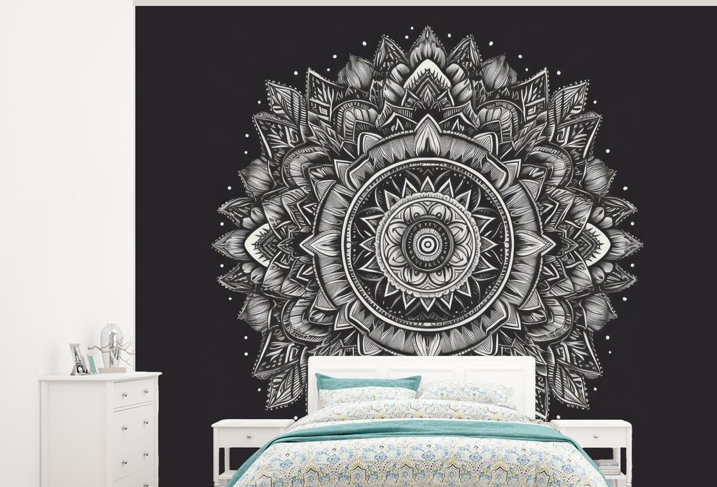 MuchoWow Fototapete für Wohnzimmer oder Schlafzimmer Wandtapete Vinyl Motivtapete Mandala - Schwarz und weiß - Blumen - Böhmisch - Natur - 325...
