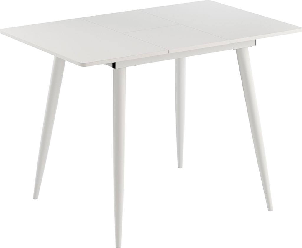 A white dining table with four angled legs, shown from a slightly elevated side angle against a white background.