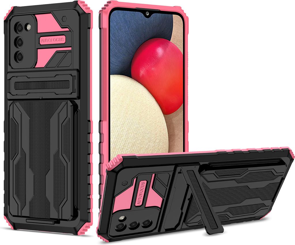 Galaxy A02S Hülle, Hybrid Robust Schutz Stoßfest Schutzhülle mit Kartenhalter Ständer für Samsung Galaxy A02S Rosa
