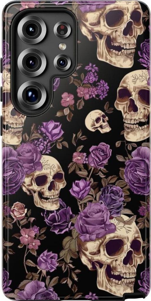 Lila Rosen und Totenköpfe – Hülle Kompatibel mit Samsung Galaxy S25 Ultra