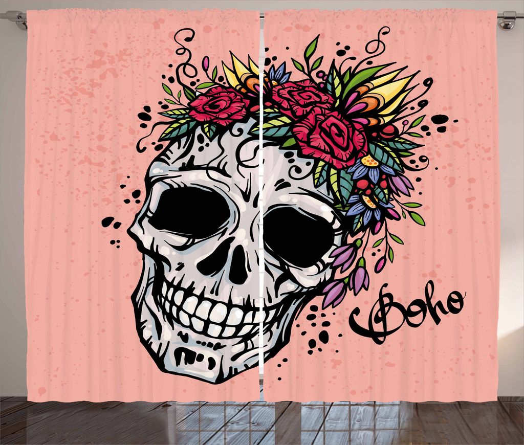 ABAKUHAUS Rose Rustikaler Gardine, Schädel Boho Blumenkranz, Schlafzimmer Kräuselband Vorhang mit Schlaufen und Haken, 280 x 245 cm, Coral Mehrfa...