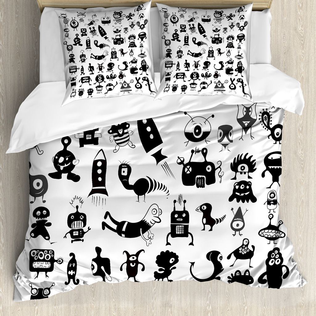 ABAKUHAUS Hipster Bettbezug, Cartoon Doodle Raum, Milbensicher Allergiker geeignet mit Kissenbezügen, 200 cm x 200 cm - 80 x 80 cm, Schwarz-Weiss