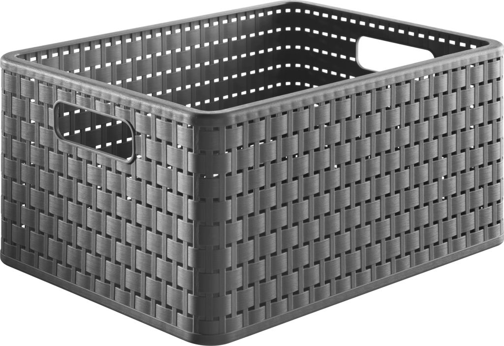 A gray woven plastic storage basket with handles.