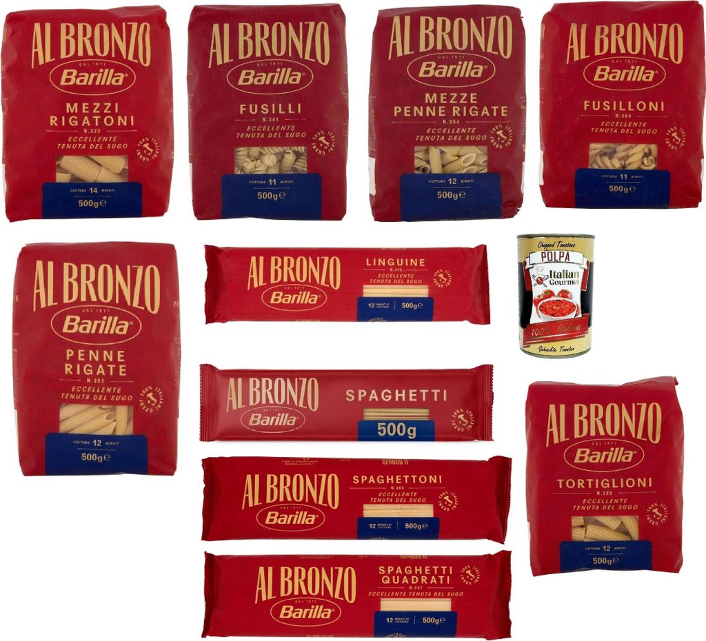 Barilla Al Bronzo Pasta Mix – 10 x 500 g: Linguine, Spaghetti, Spaghettoni, Spaghetti Quadrati, Penne, Mezze Penne, Mezzi Rigatoni, Fusilli, Fusi...