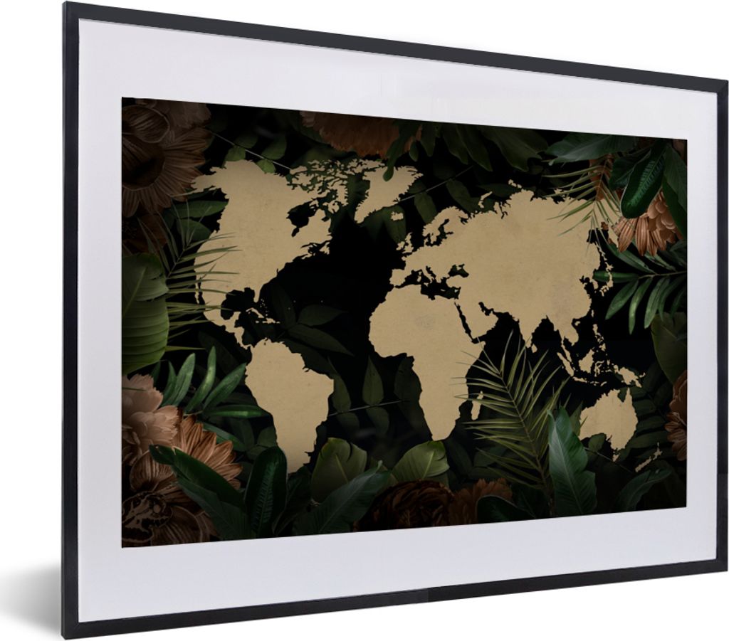 MuchoWow MuchoWow Gerahmtes Poster Weltkarte - Blätter - Tropische Pflanzen 60x40 cm - Poster mit zchwarzem Bilderrahmen - Schlafzimmer - Plak...