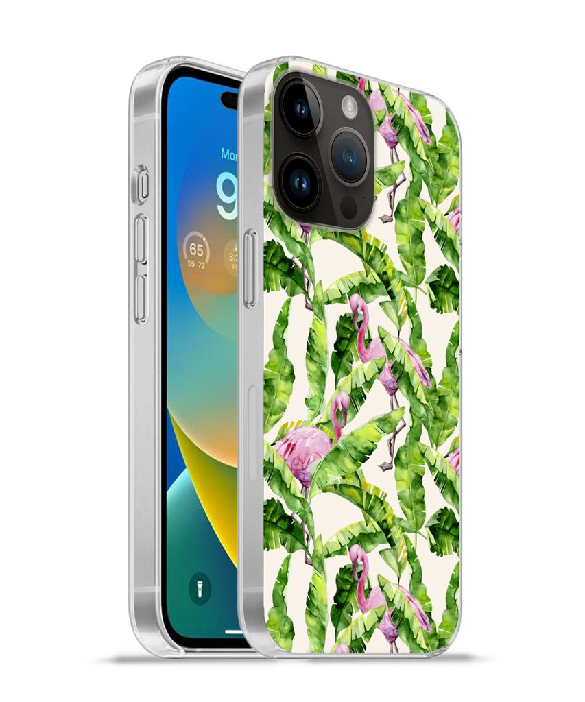 MuchoWow Handyhülle Schutzhülle Hülle für Apple iPhone 14 Pro - Softcase Flamingo - Blätter - Muster Silikon Softcase Handy Hülle - Umschlag