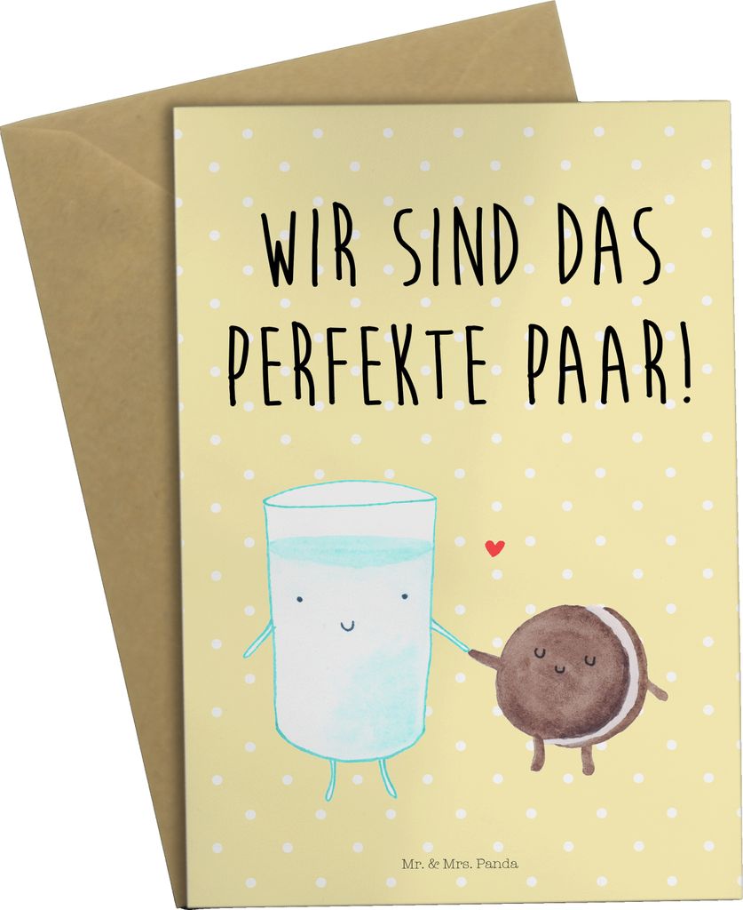 Mr. & Mrs. Panda Klappkarte Milch Keks - Gelb Pastell - Geschenk, Romantisch, weihnachtskarten, einladungskarten, babykarte, Glückwunschkarte, Kaf...