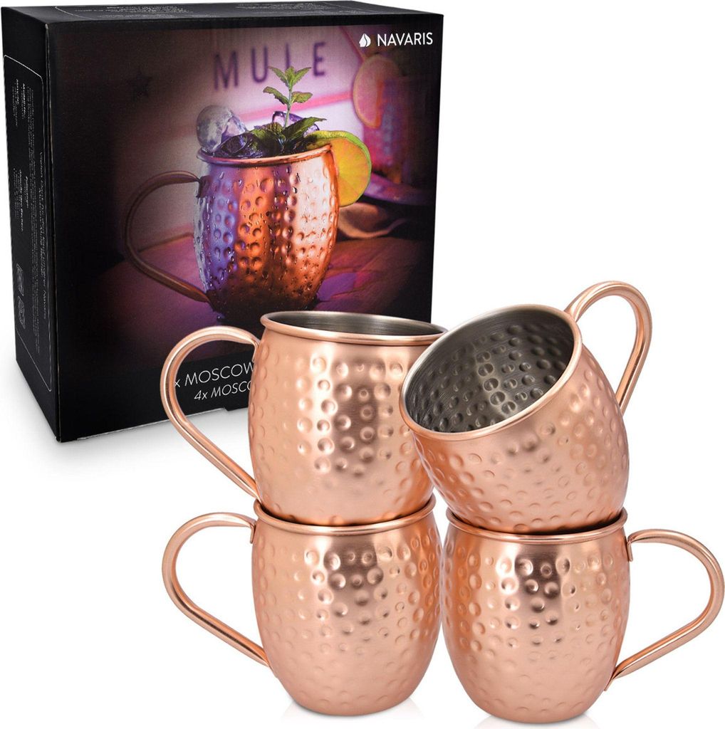 Navaris Moscow Mule Becher 4er Set - 4x Kupferbecher für Moskau Mule Gin Bier - Cocktail Mug gehämmert - Tasse aus Edelstahl mit Kupfer