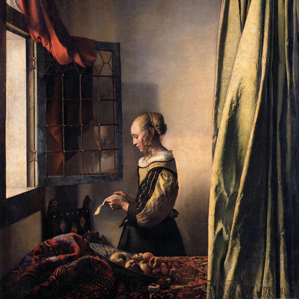 Johannes Vermeer Kunstdruck Bild - Brieflesendes Mädchen Am Offenen Fenster, 1657-1659 (100 x 100 cm)