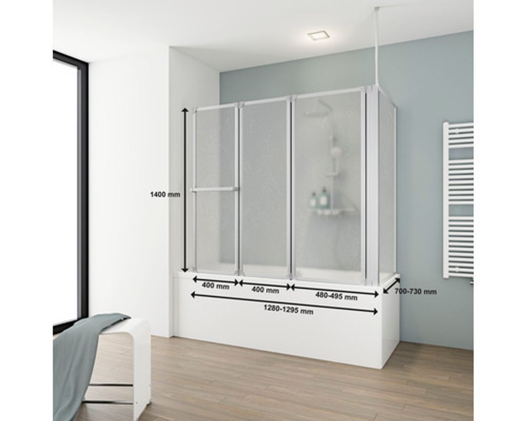 Badewannenaufsatz 3-teilig mit Seitenwand SCHULTE Komfort 128,8 x 140 cm Kunstglas Tropfen Profilfarbe aluminium D1511 0