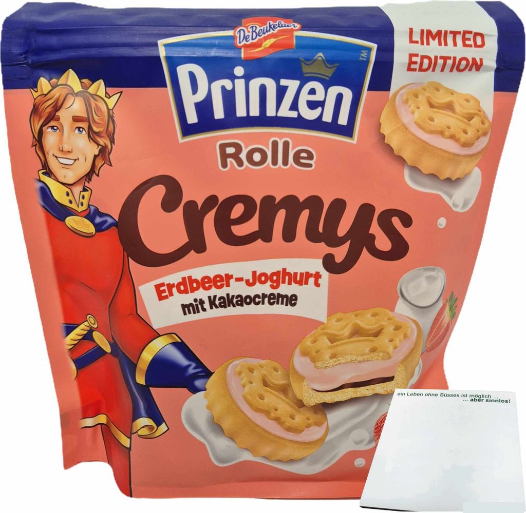 Prinzen Rolle Cremys Erdbeer-Joghurt mit Kakaocreme (172g Packung) + usy Block