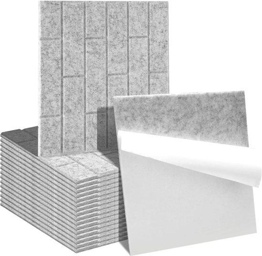 18 Stück Acoustic-Panel vierkante Backstein-Form Selbstklebendes Acoustic-Paneel Schalldämmung Vlies Wandpaneel hellgrau