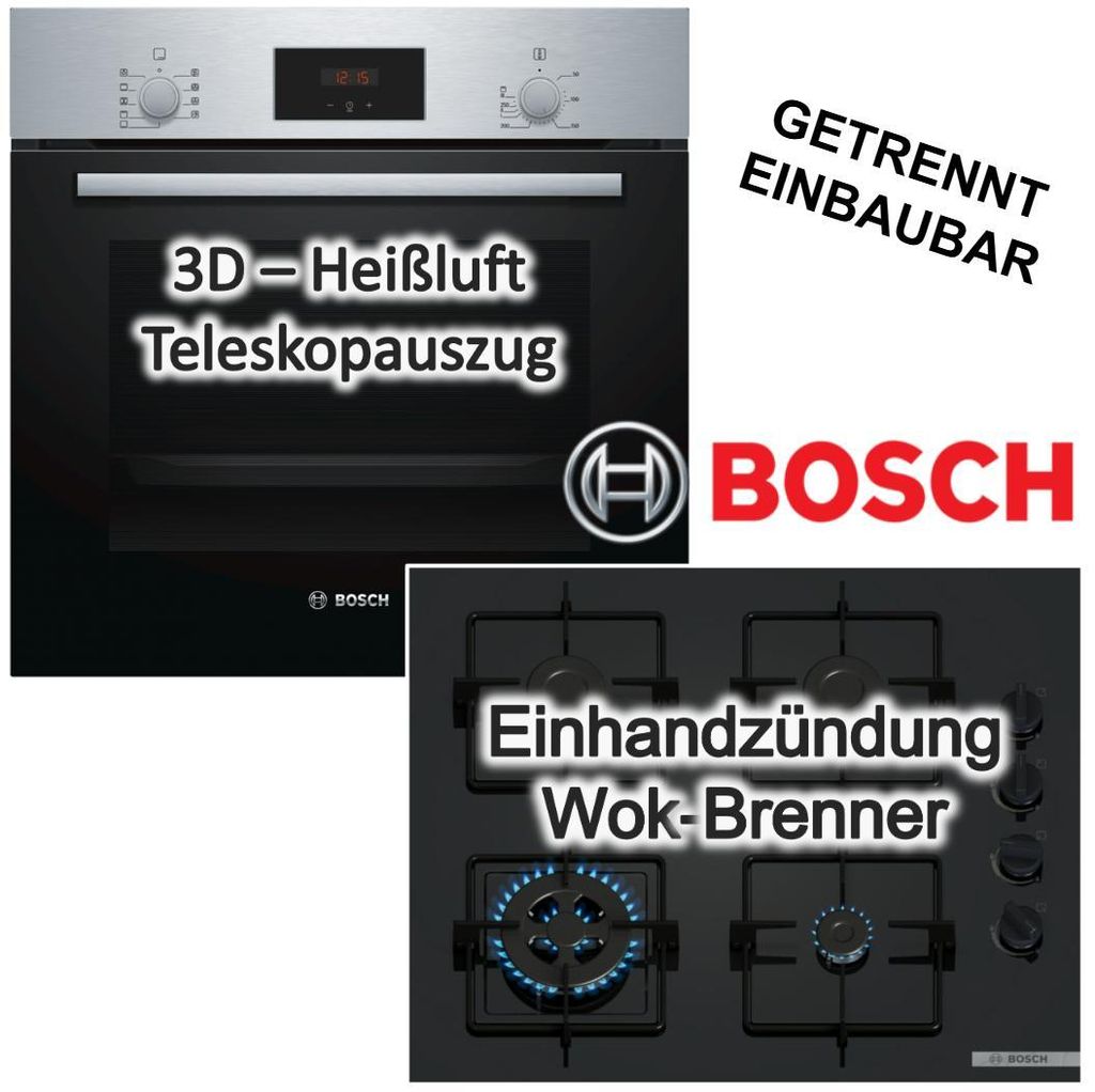 Herdset Bosch Einbaubackofen 3D Heißluft Teleskopauszug Schnellaufheizen Pizzastufe + Gaskochfeld Wokbrenner
