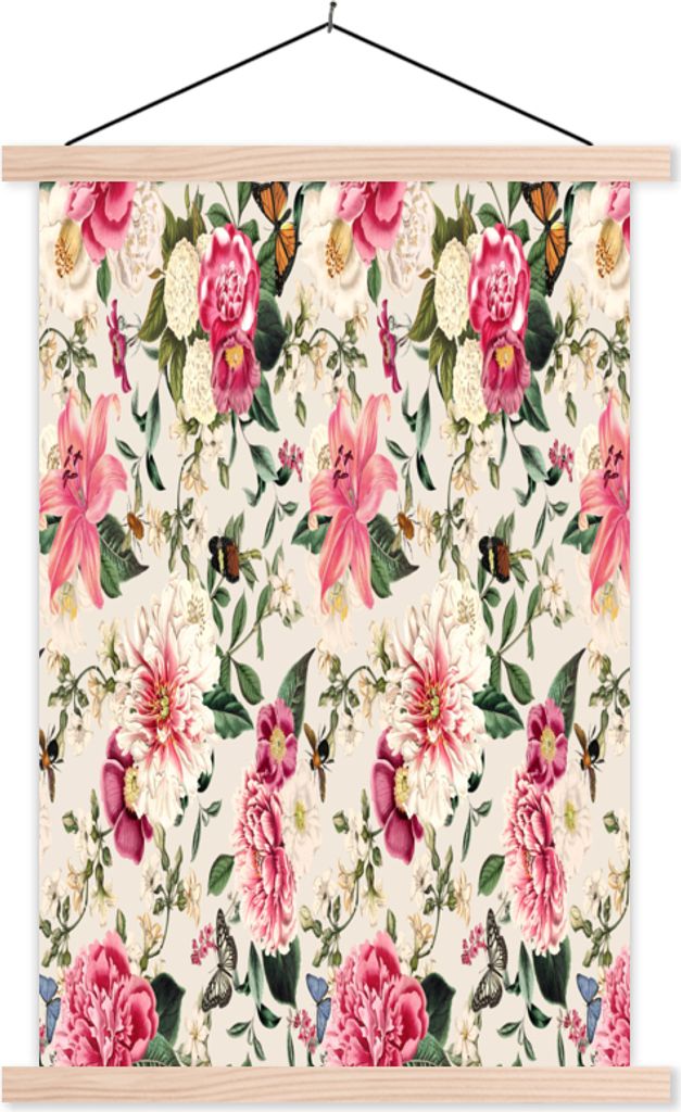 MuchoWow Textilposter Blumen - Lilie - Rosa - Muster 40x60 cm mit holzfarbenen Rahmen - Poster