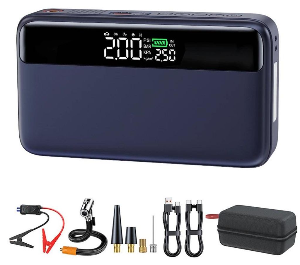 Portable Starthilfe Powerbank - Auto Starthilfegerät mit Luftkompressor - 20000 mAh - >1200 A - PD 65 W Schnellladen - 12 V - SOS-Licht - Blau