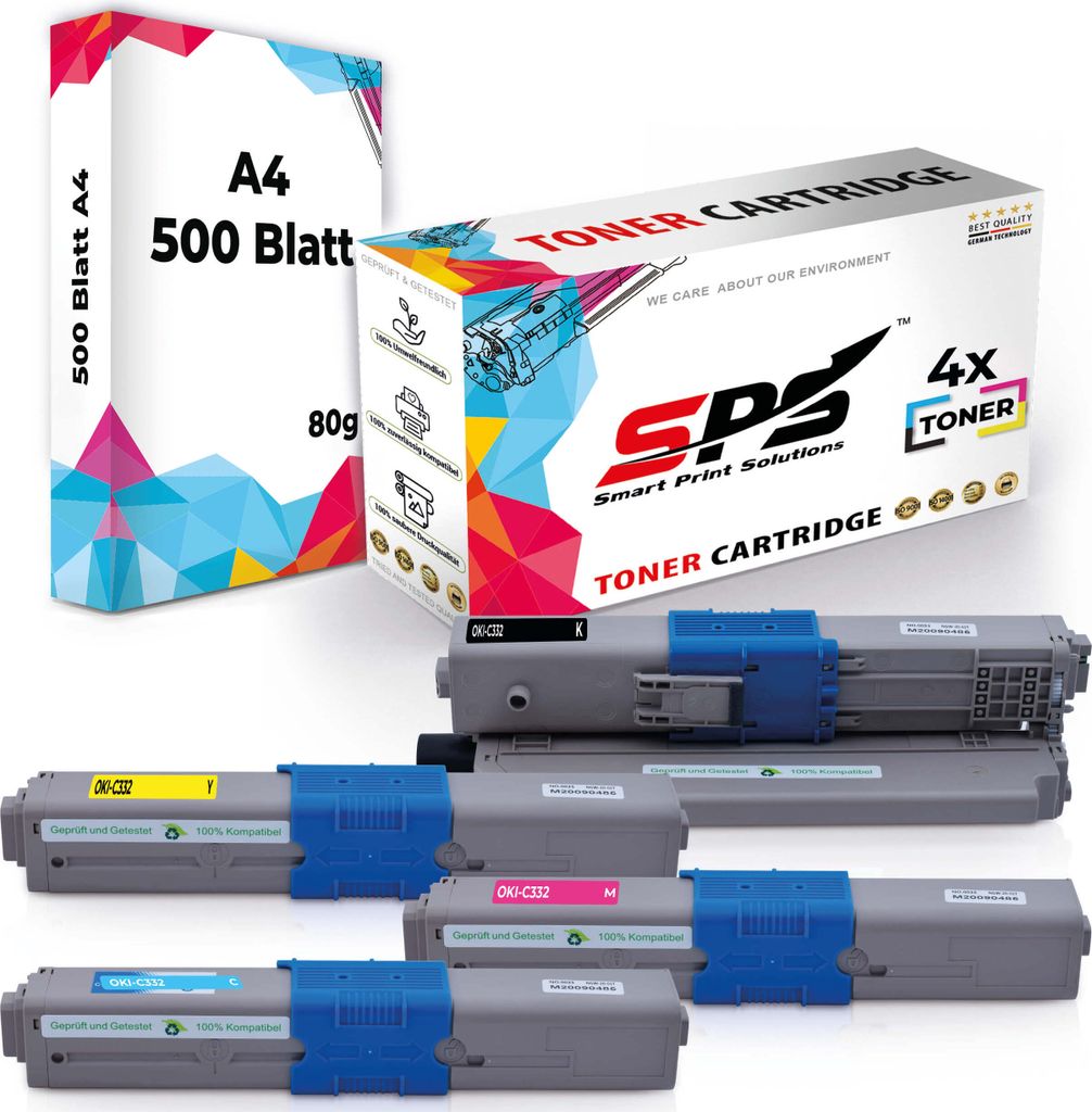 Druckerpapier A4 + 4x Multipack Set Kompatibel für OKI C 332 DNw (46508711, 46508710, 46508709, 46508712) Toner
